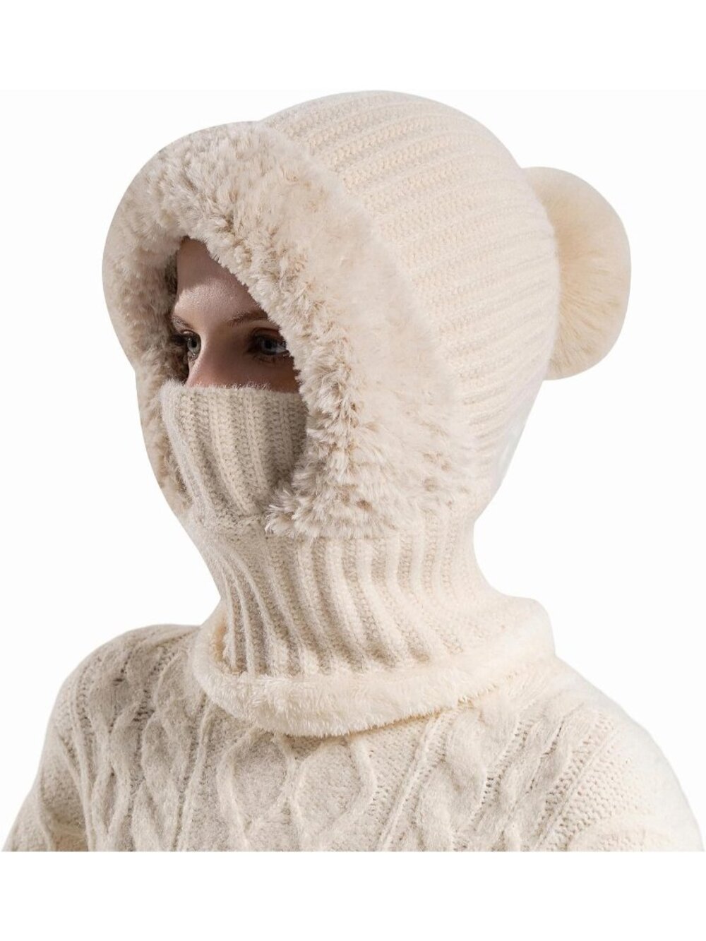 New Women Winter Knit Beanie Hats One Piece Fleece Lined Balaclavas